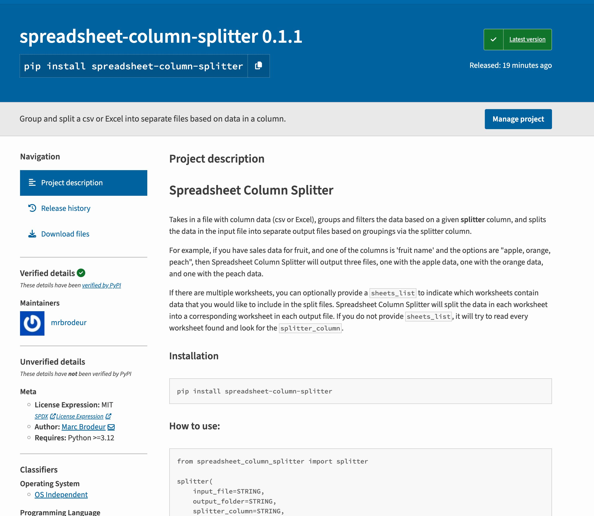 Spreadsheet Column Splitter